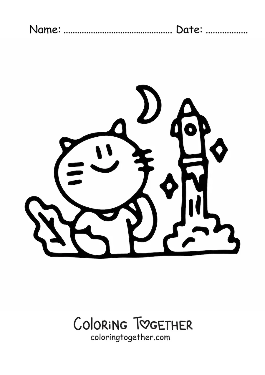 Coloring page of a kawaii cat studying a rocket