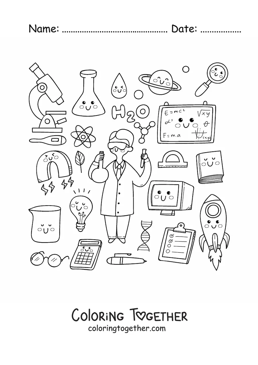Coloring page of a man scientist with cute kawaii things
