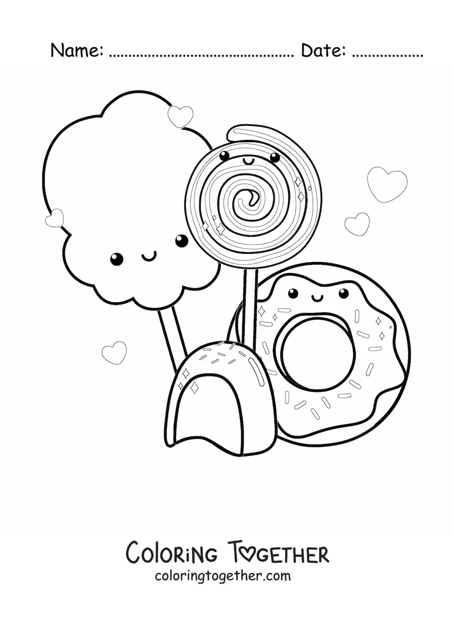 Coloring page of a kawaii lollipop with sweets on either side