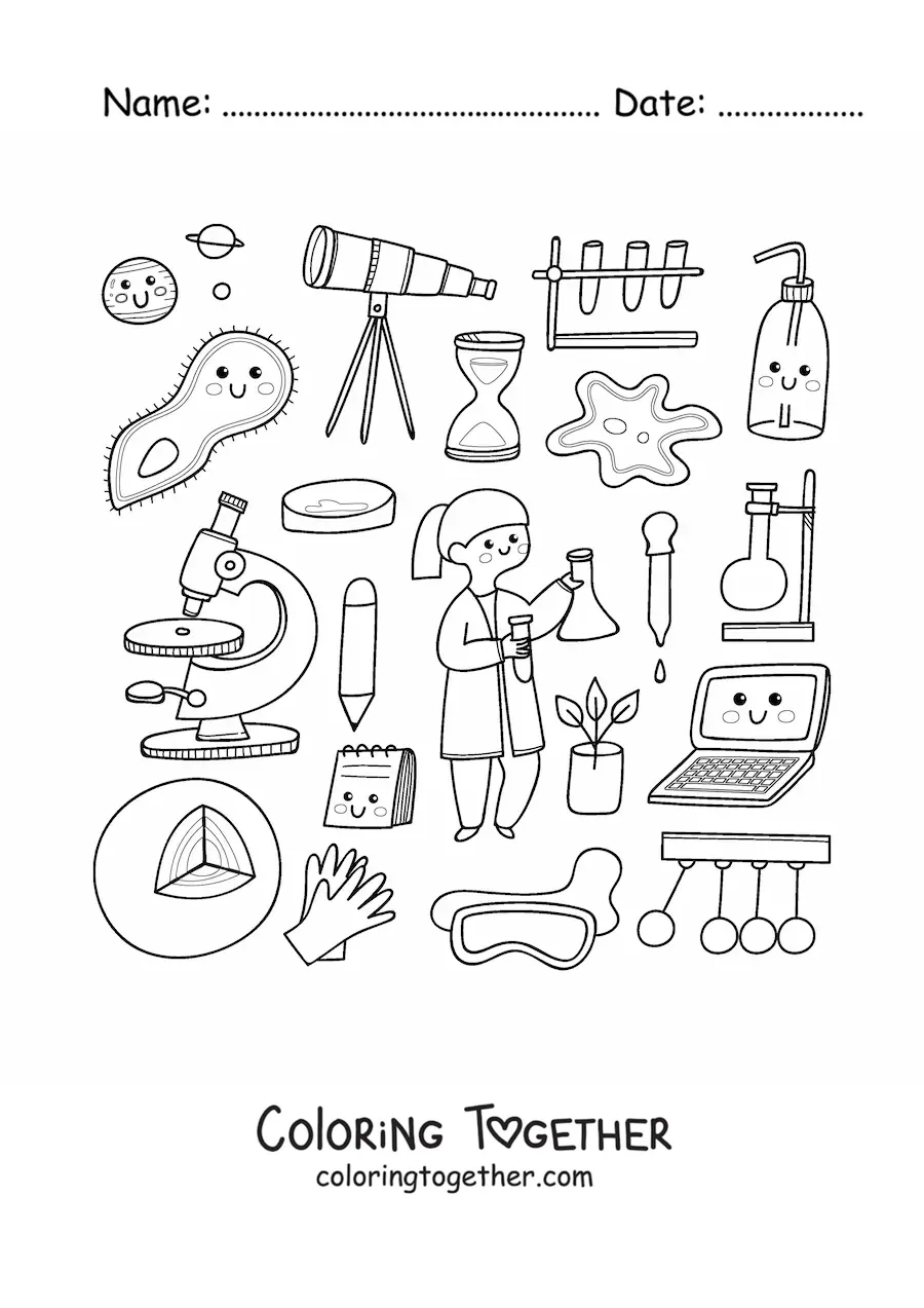 Coloring page of a woman scientist with cute kawaii things