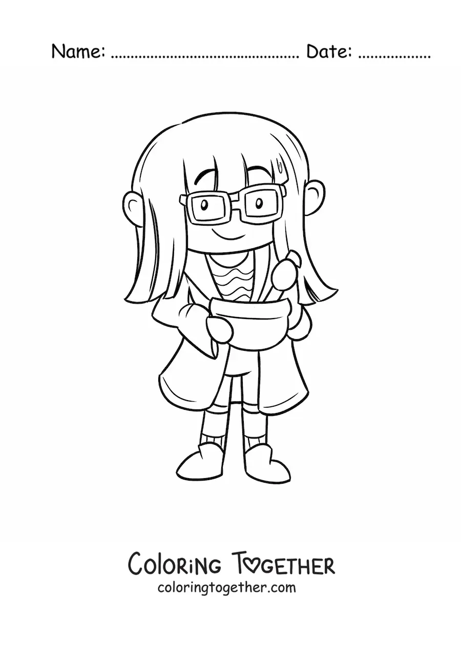 Coloring page of a kawaii woman scientist preparing a solution