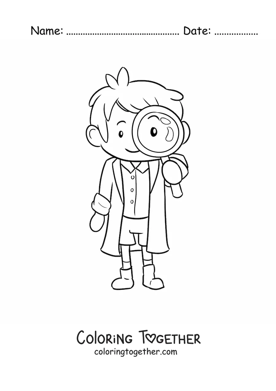 Coloring page of a kawaii man scientist with a magnifying glass