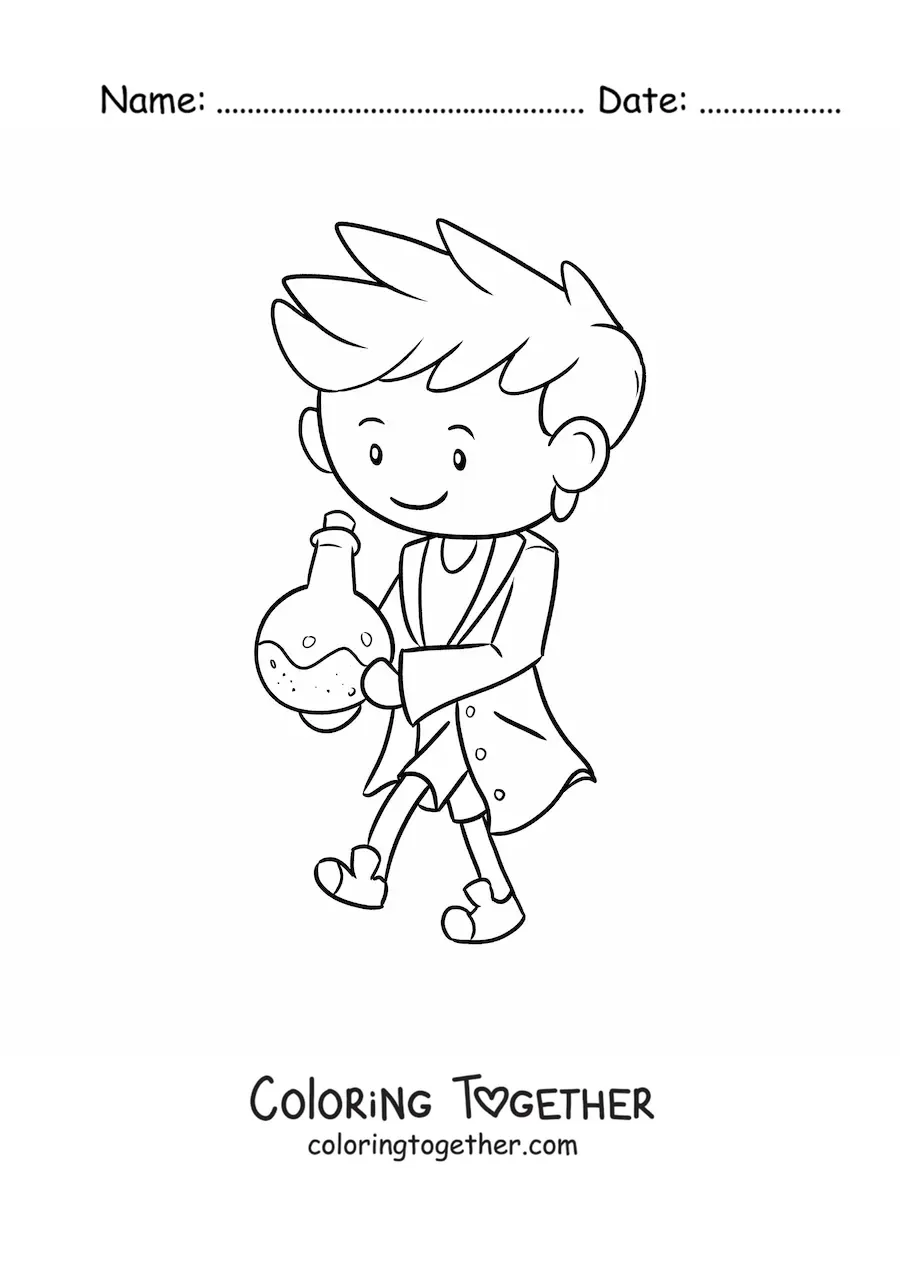 Coloring page of a kawaii man scientist with a chemical