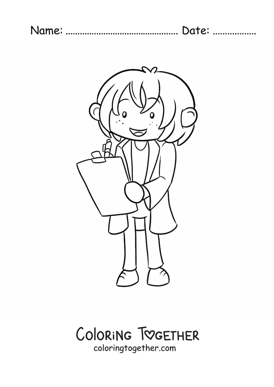 Coloring page of a kawaii scientist taking notes