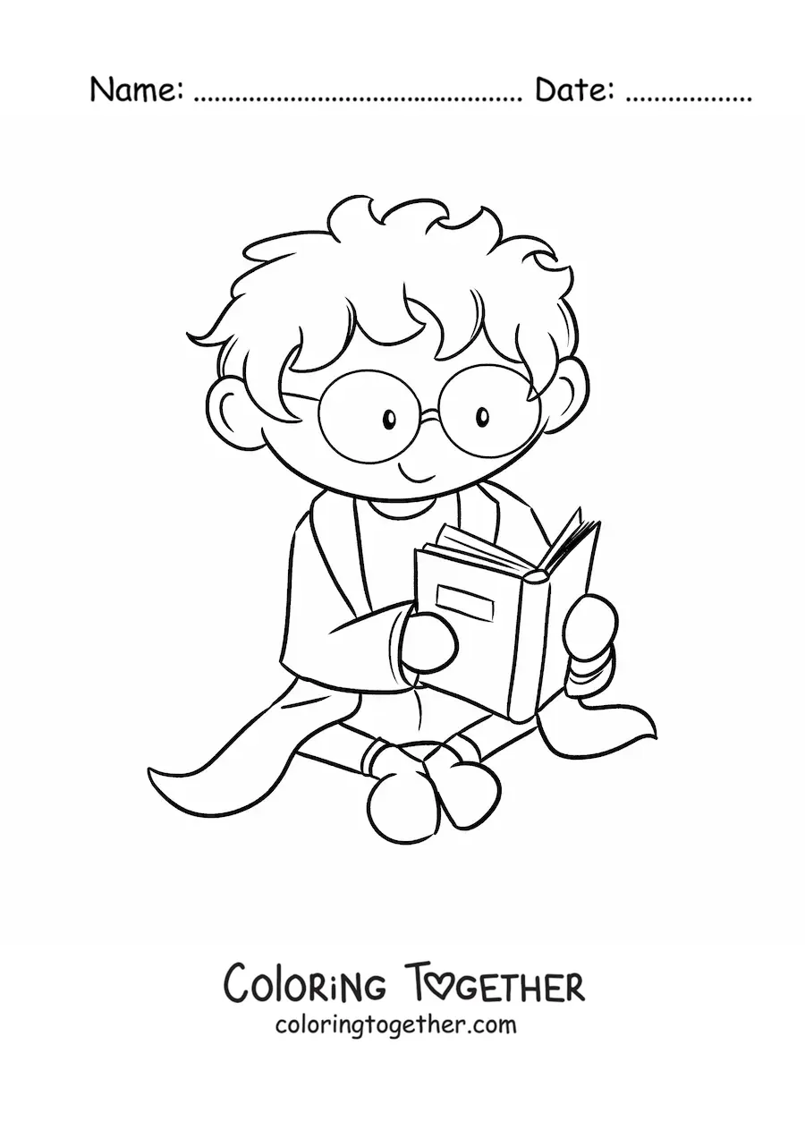 Coloring page of a kawaii scientist sitting and reading a science book