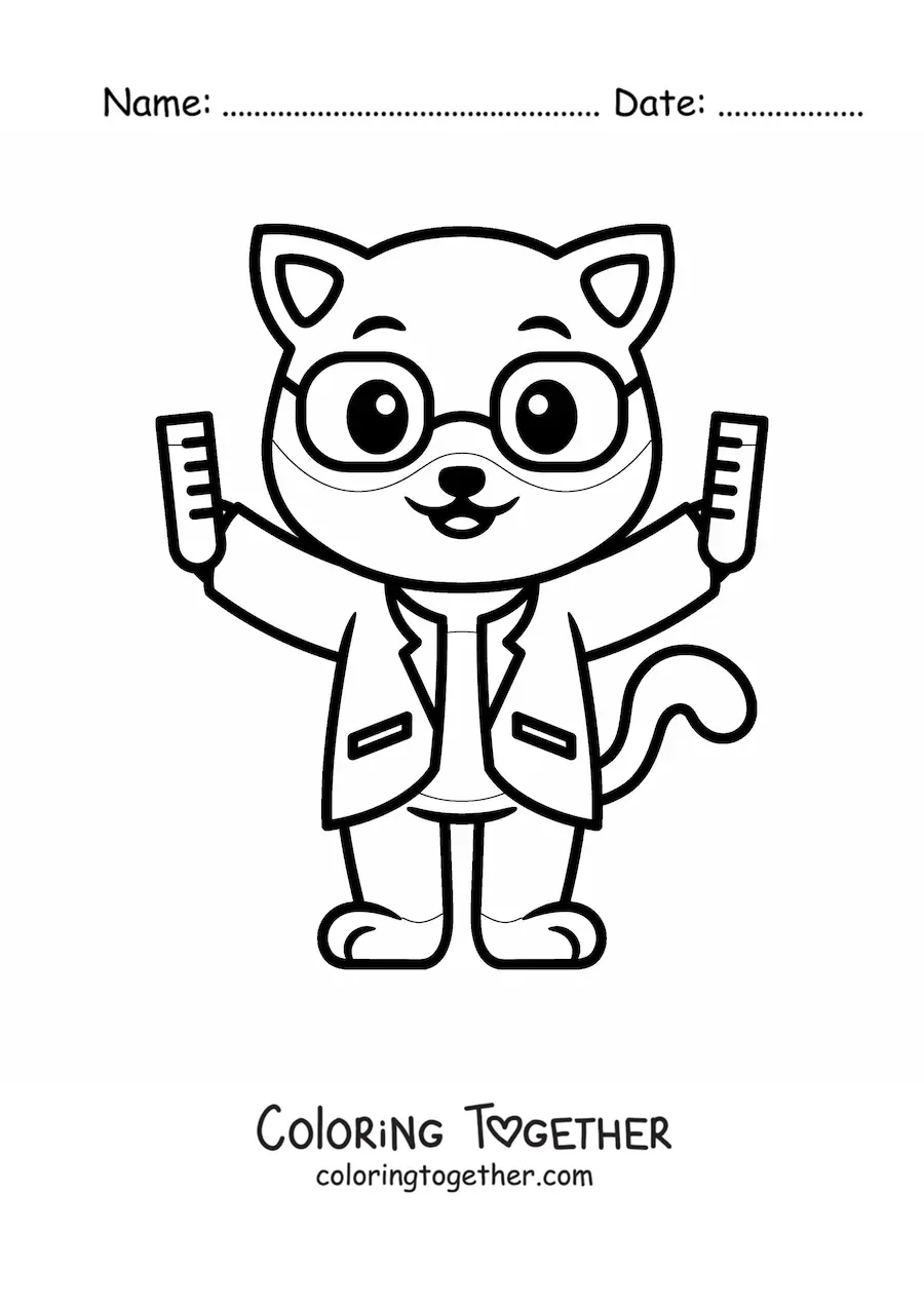 Coloring page of a kawaii scientist cat with chemicals