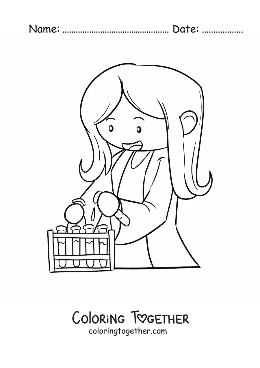 Coloring page of a cute kawaii woman scientist