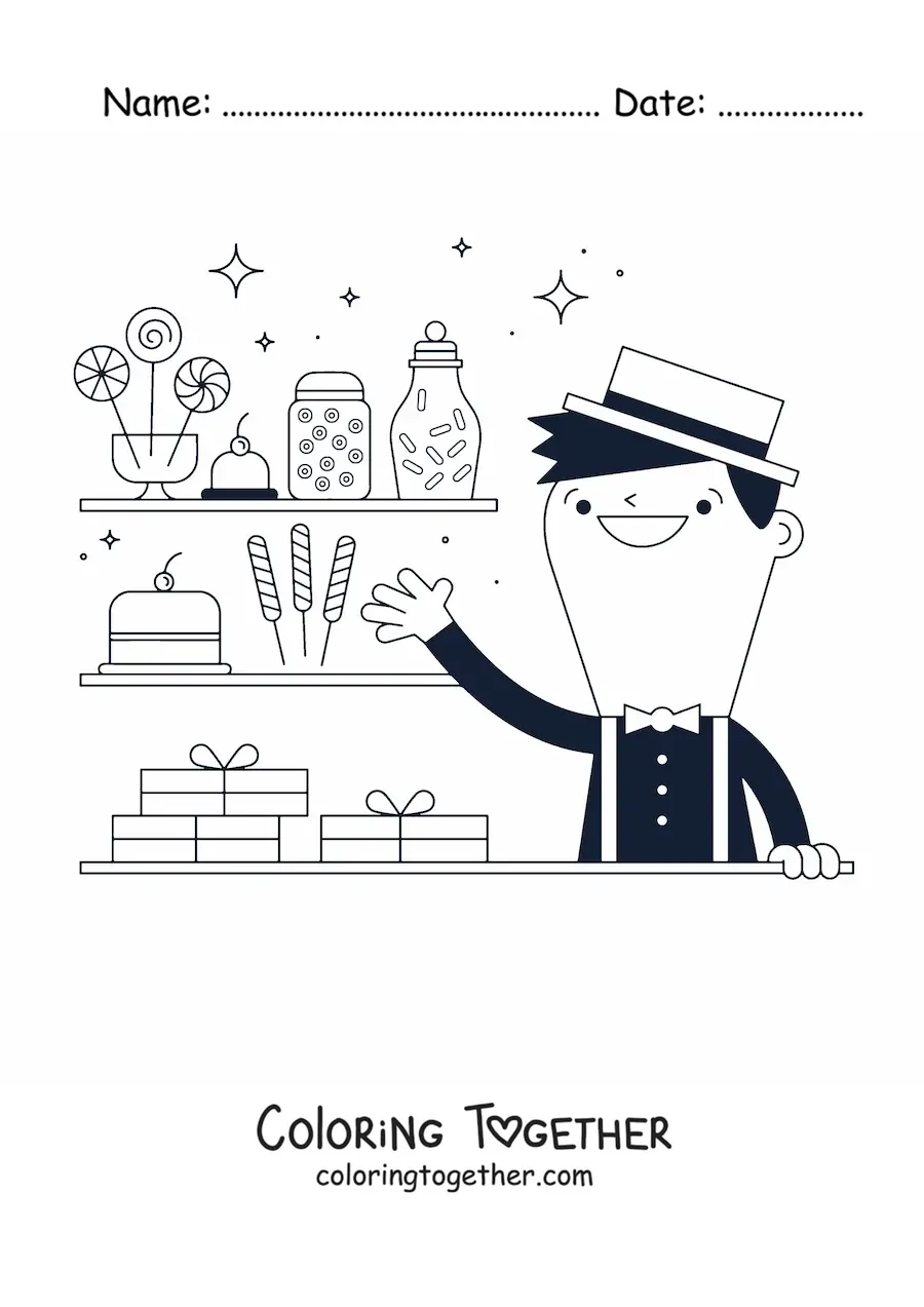 Coloring page of a lollipop and candy vendor