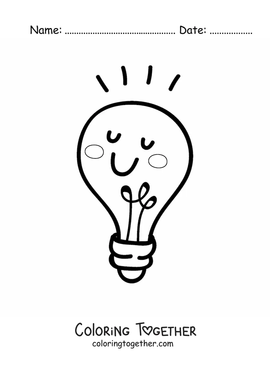 Coloring page of a kawaii light bulb glowing from the photoelectric effect