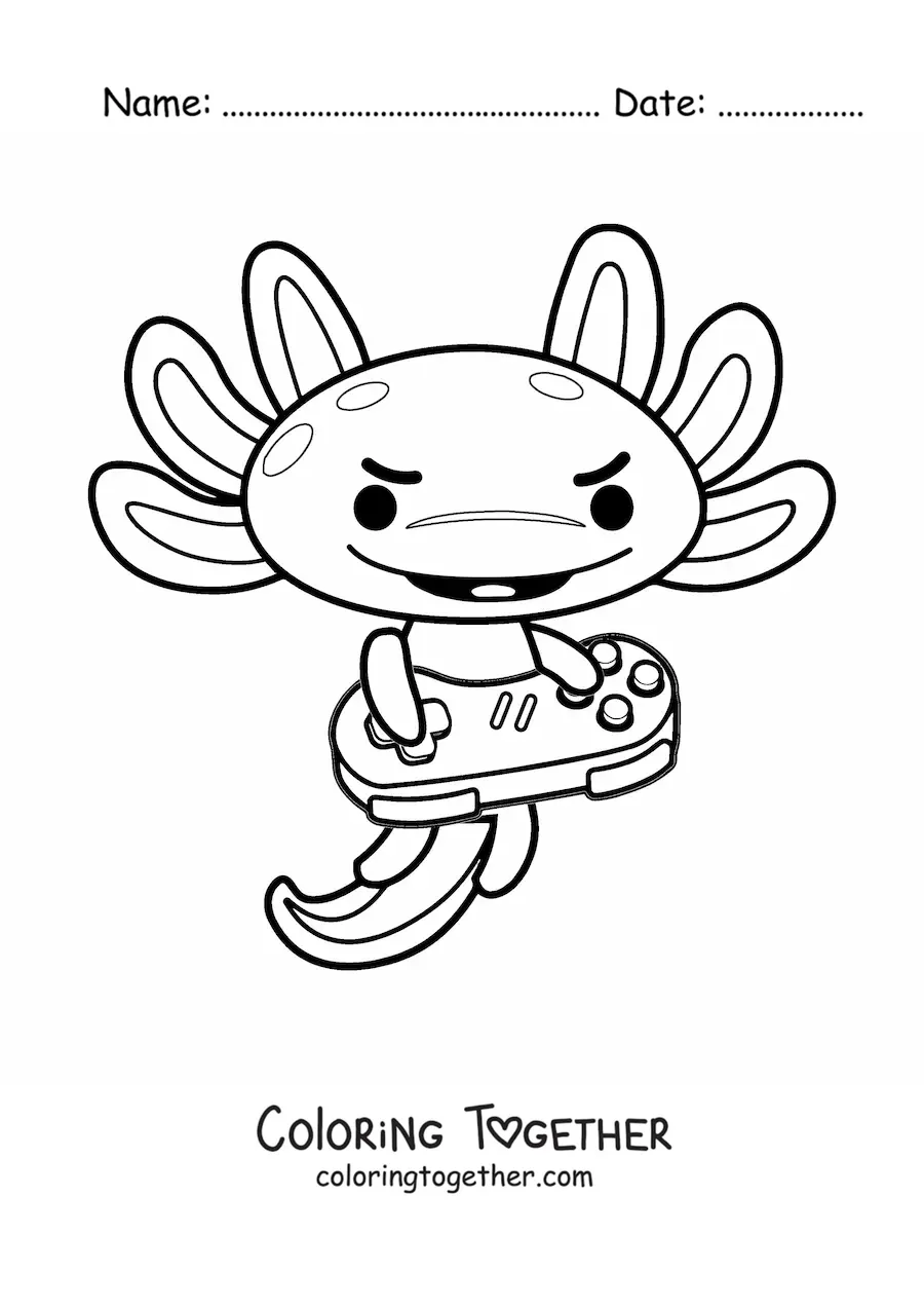 Coloring page of a cartoon kawaii axolotl playing video games