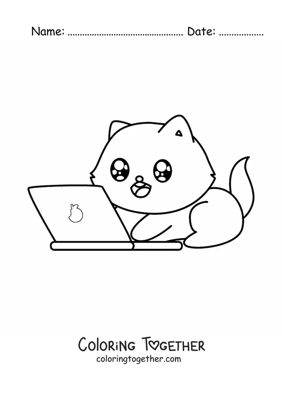 Coloring page of a kawaii cat using a laptop