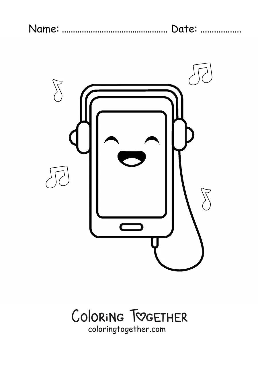 Coloring page of a kawaii smartphone with headphones