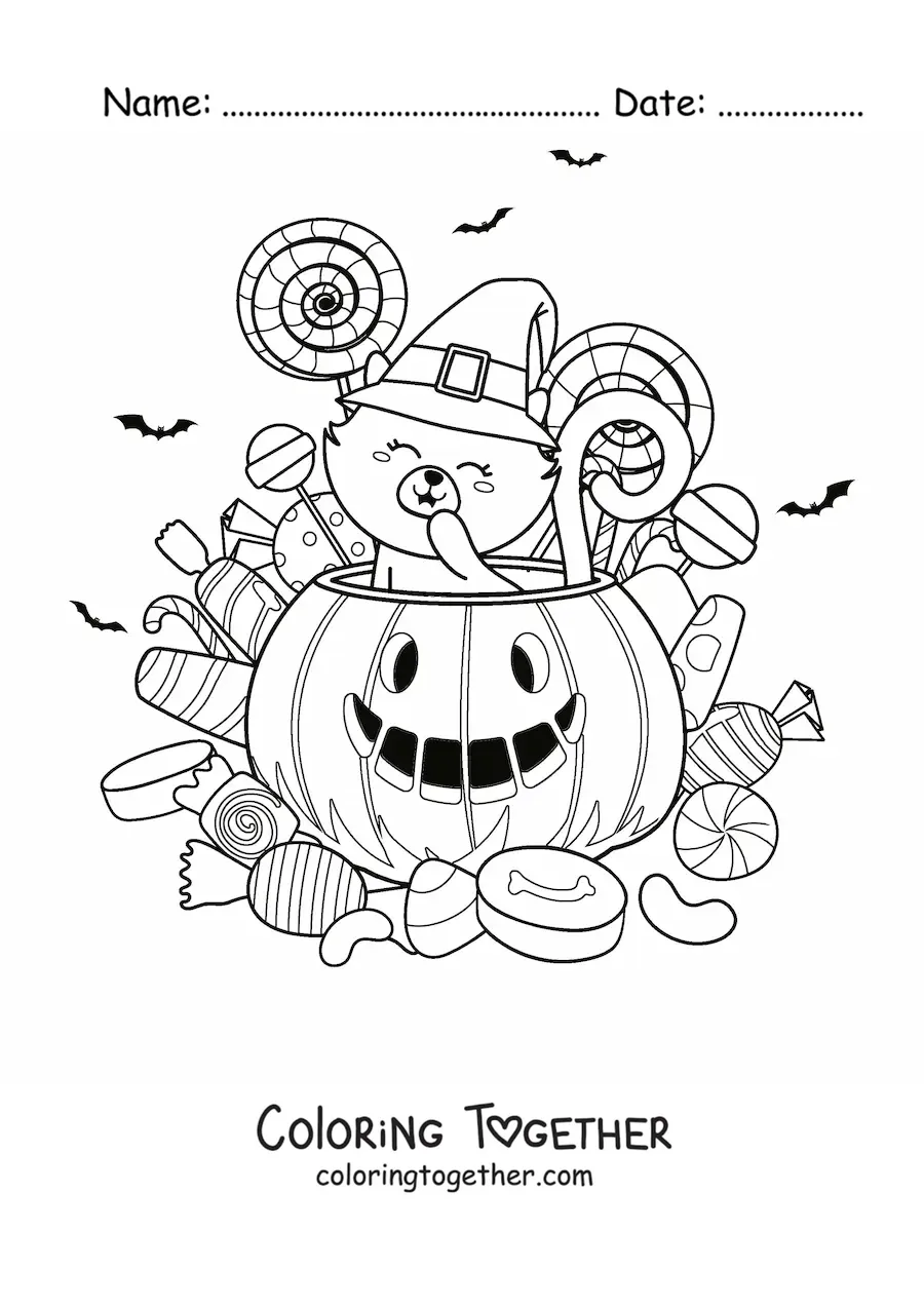 Coloring page of a cat inside a Halloween pumpkin with lollipops and candies