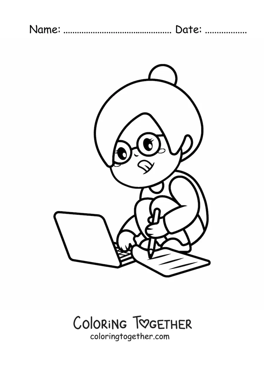Coloring page of a kawaii girl doing homework on her laptop