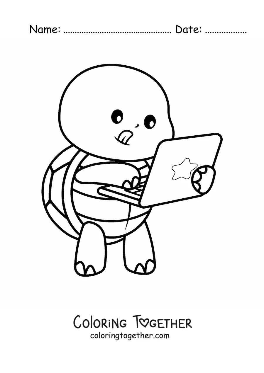 Coloring page of a cartoon kawaii turtle using a laptop