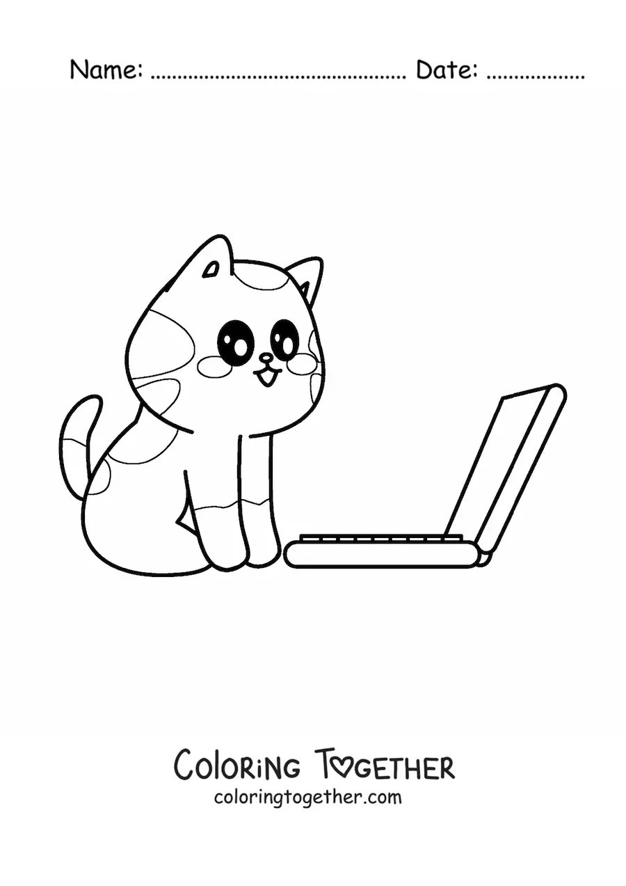 Coloring page of a kawaii cat sitting in front of a laptop