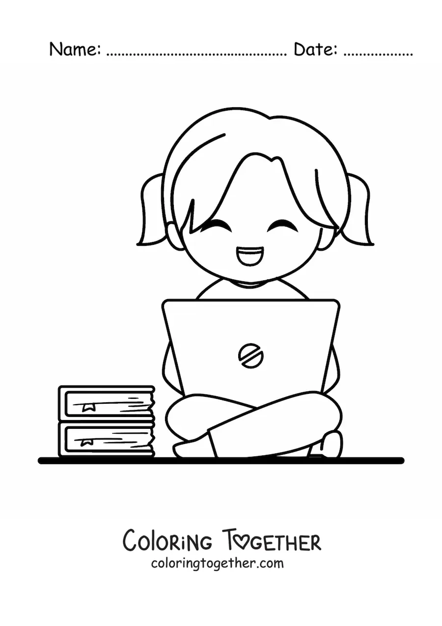 Coloring page of a kawaii girl studying on her laptop