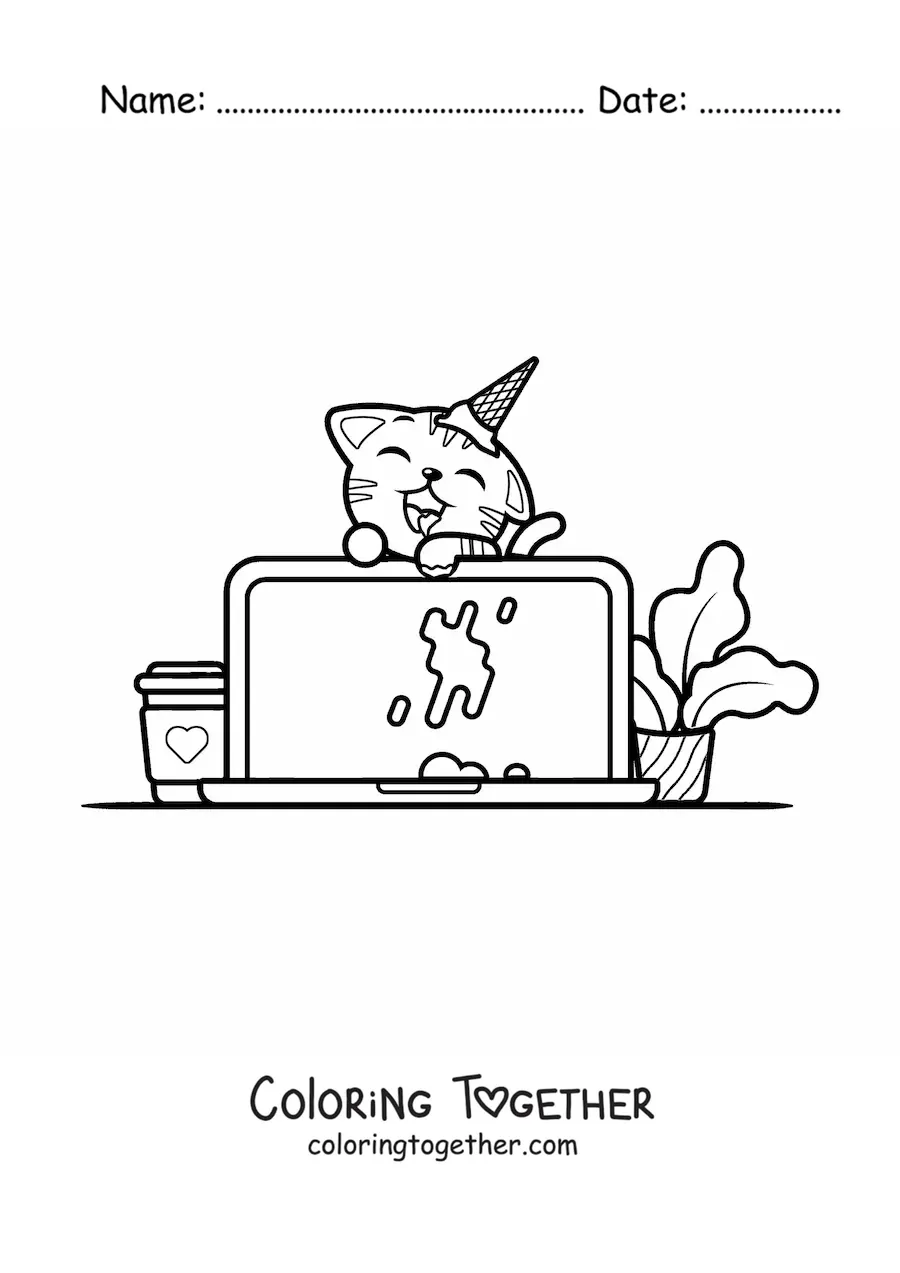 Coloring page of a kawaii cat messing up a laptop with ice cream
