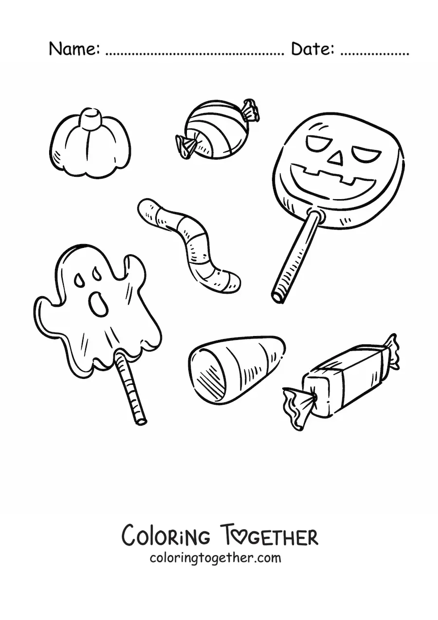 Coloring page of several Halloween lollipops and candies