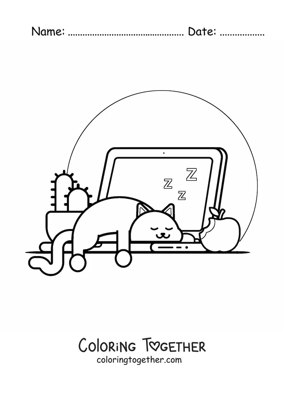 Coloring page of a kawaii cat sleeping on a laptop