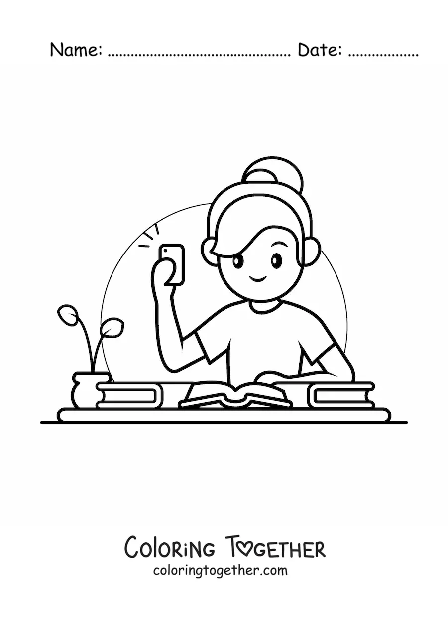 Coloring page of a kawaii girl taking a photo of her notes with the phone