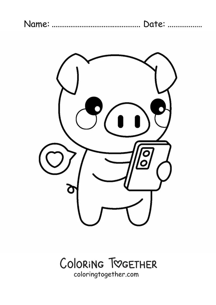 Coloring page of a kawaii piglet chatting on its phone