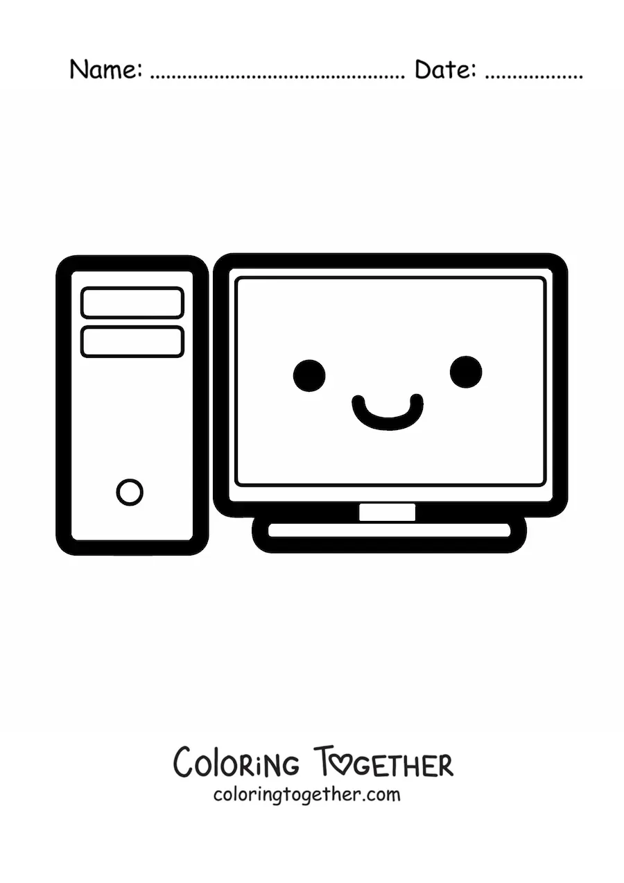 Coloring page of a kawaii computer