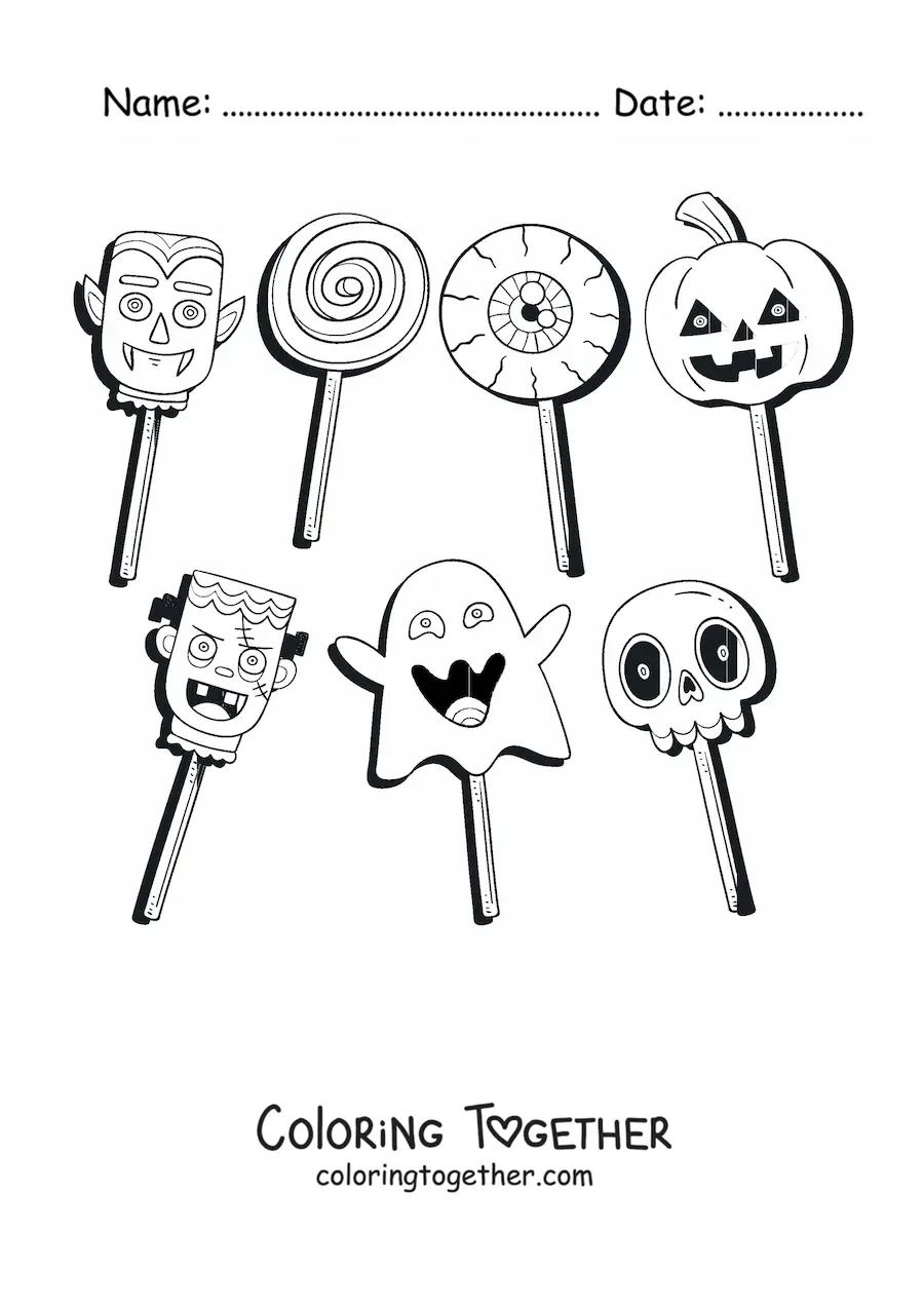 Coloring page of several lollipops shaped like monsters and Halloween symbols