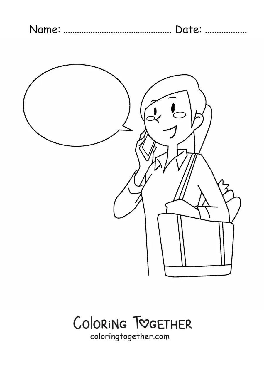 Coloring page of a woman talking on a mobile phone