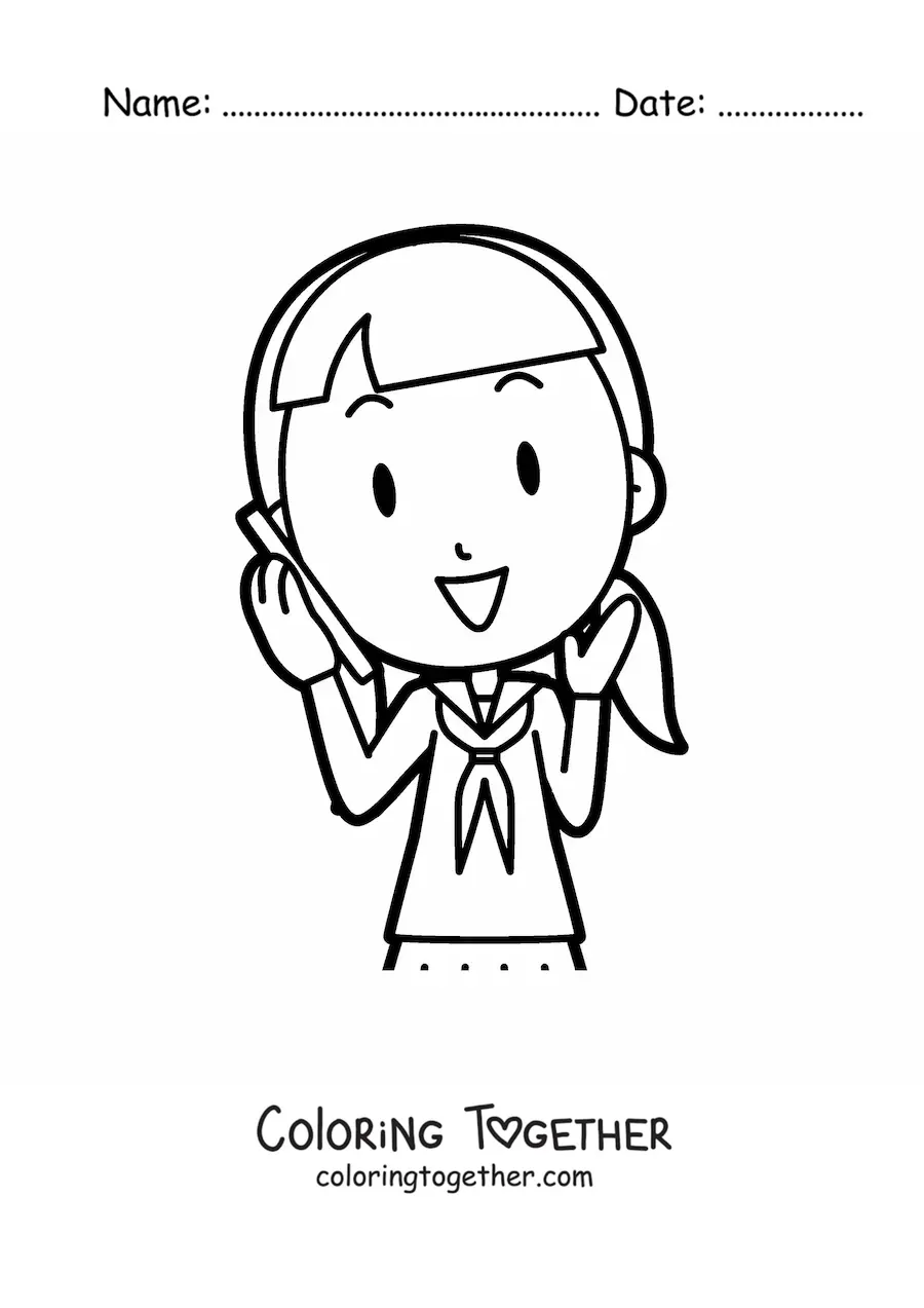 Coloring page of a kawaii girl making a phone call