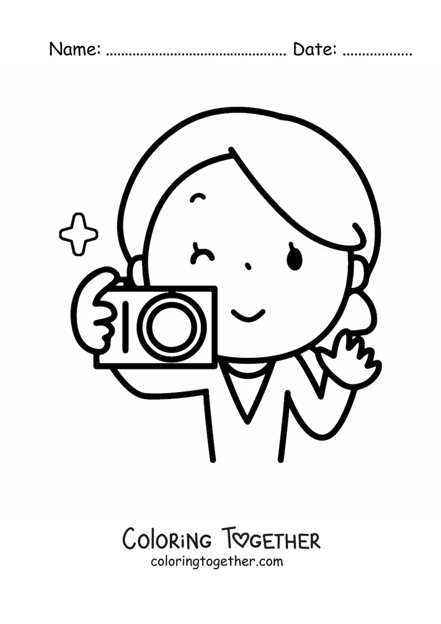 Coloring page of a woman with a camera