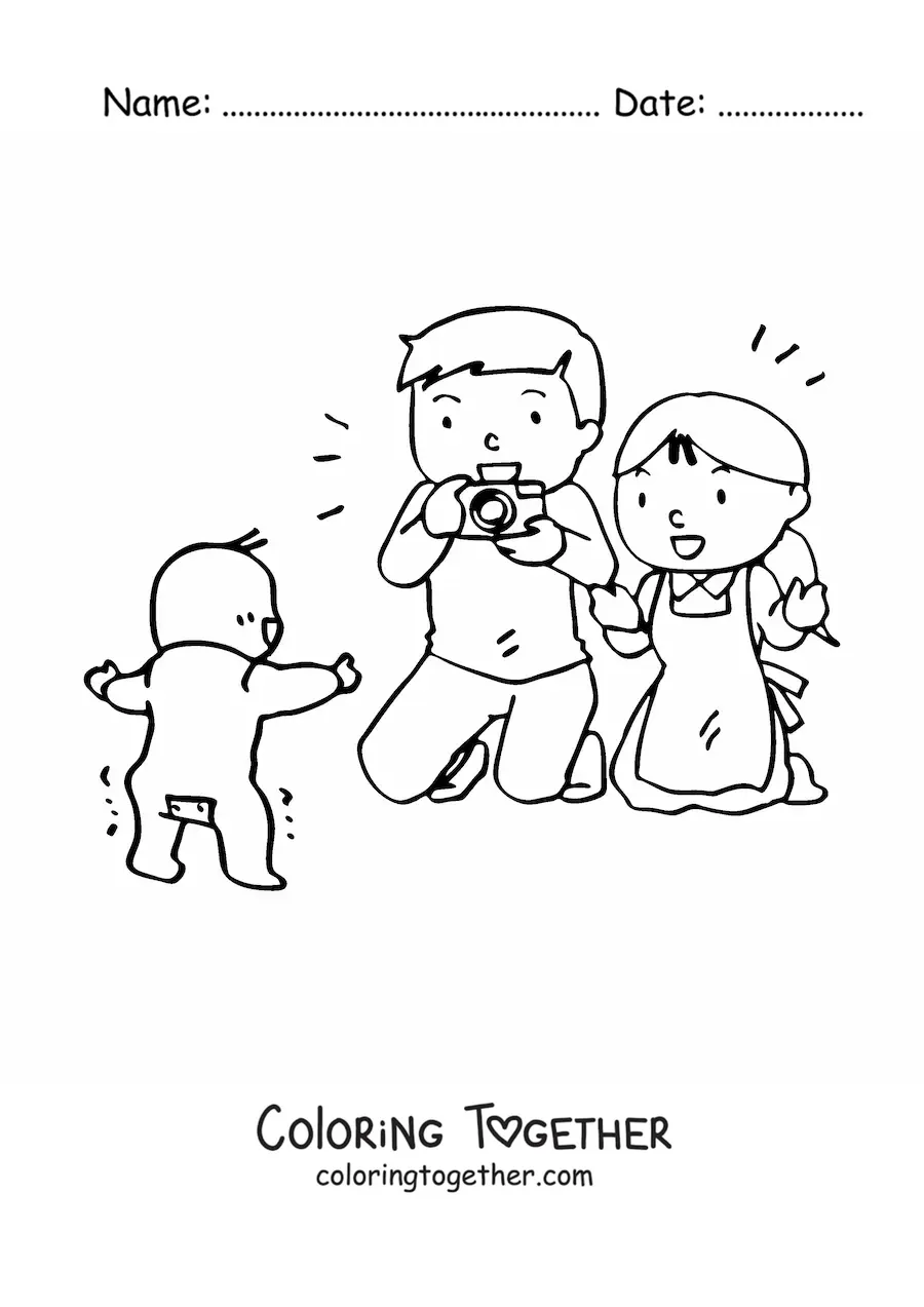 Coloring page of parents taking a photo of their baby