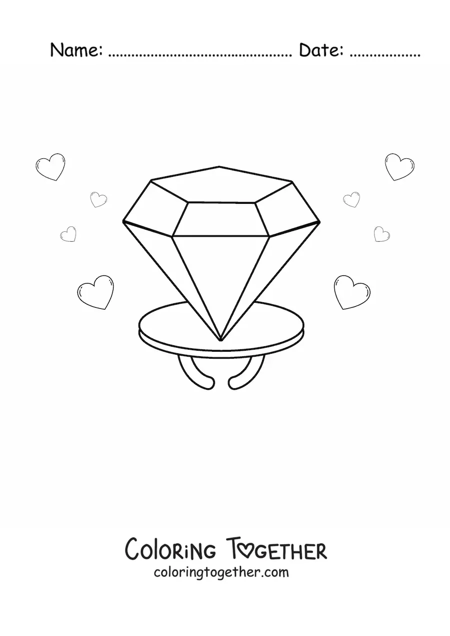 Coloring page of a ring pop with hearts in the background
