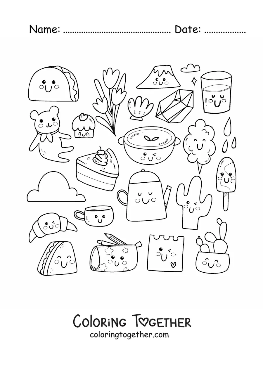 Coloring page of kawaii food and sweets