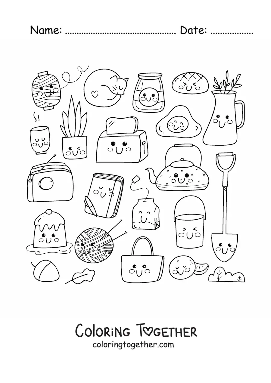 Coloring page of kawaii breakfast and household things
