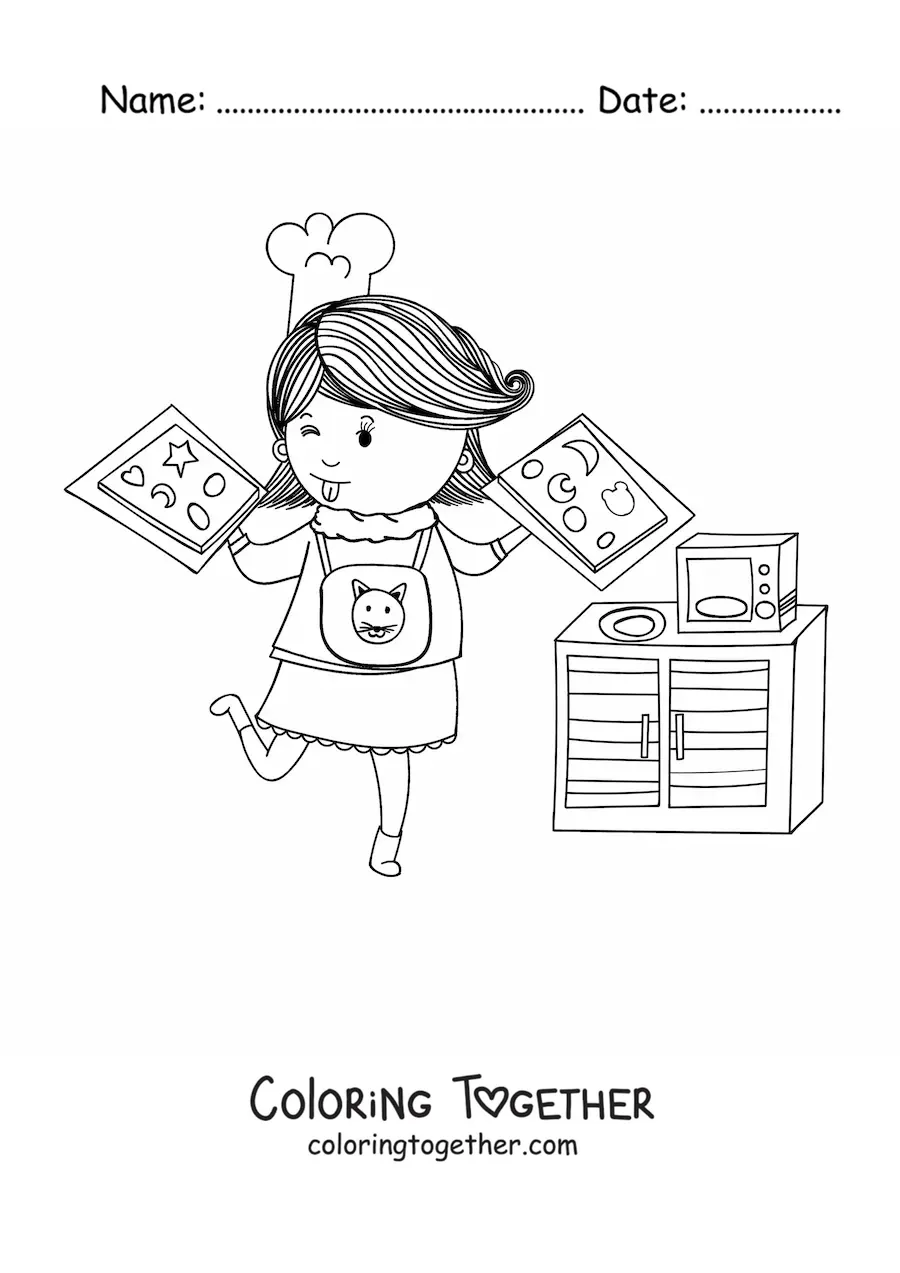 Coloring page of a girl baking cookies, holding two trays