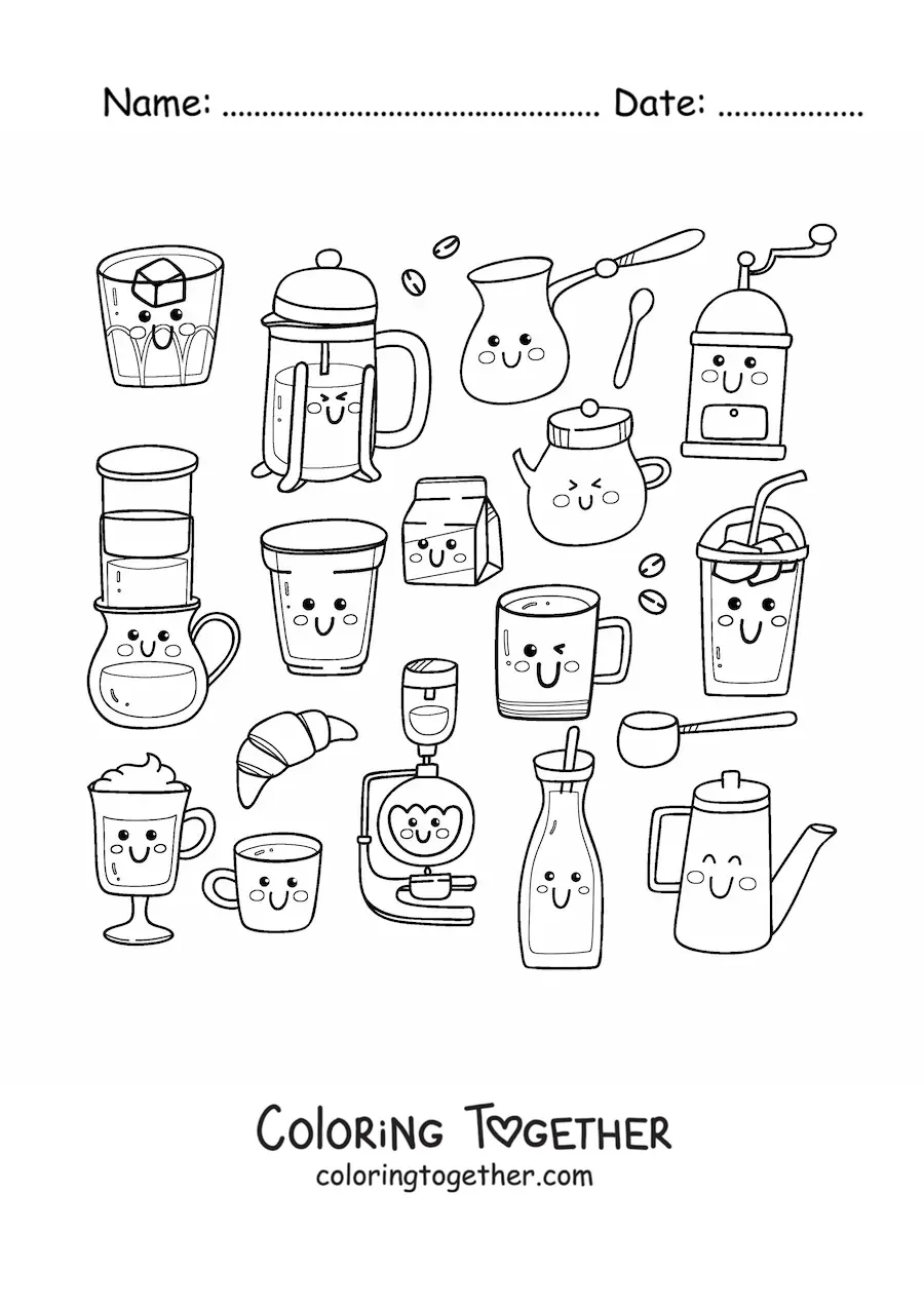 Coloring page of kawaii coffee and cafe food