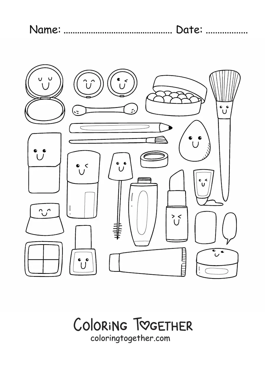Coloring page of cartoon makeup things