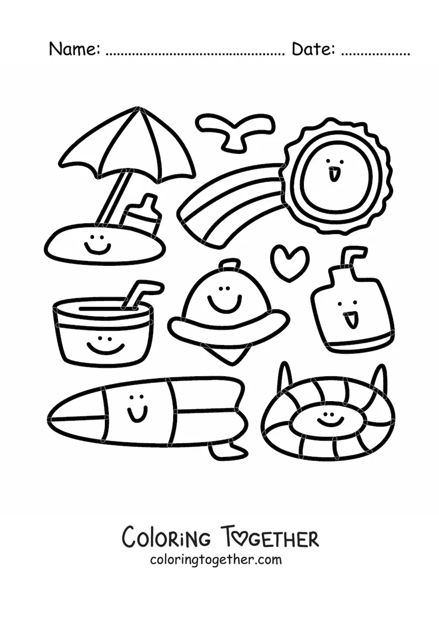 Coloring page of kawaii beach things