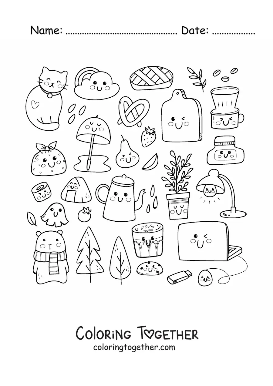 Coloring page of a kawaii cat and household things