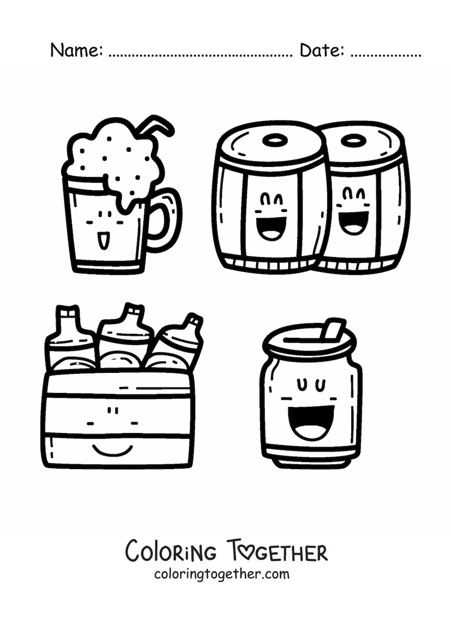 Coloring page of kawaii beer and barrels