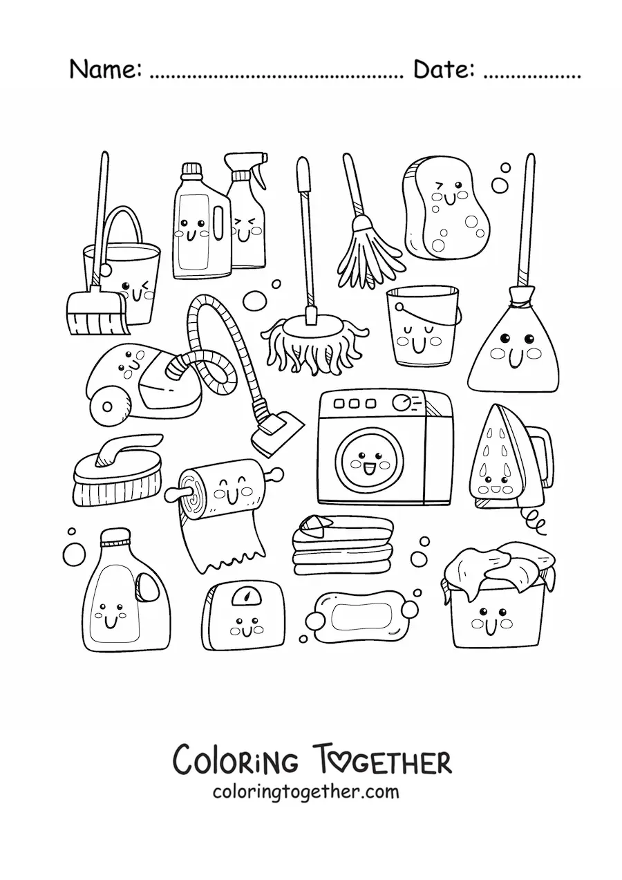 Coloring page of kawaii cleaning things