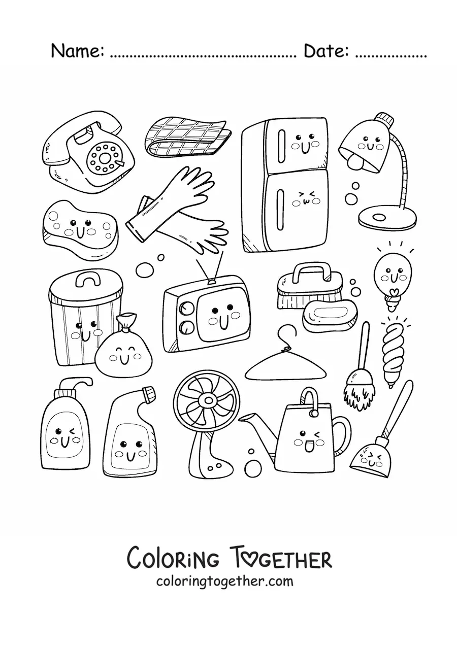 Coloring page of kawaii household cleaning objects