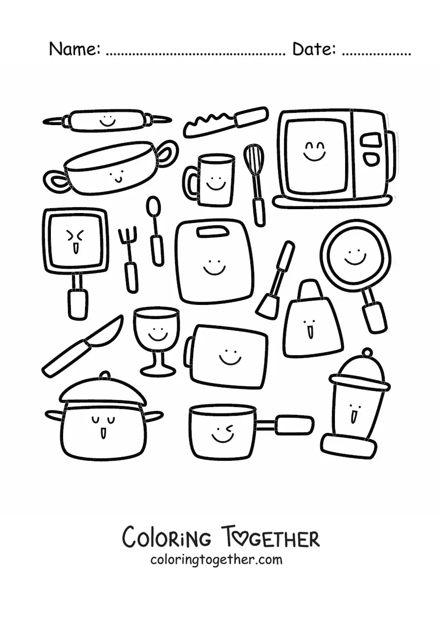 Coloring page of kawaii kitchen utensils