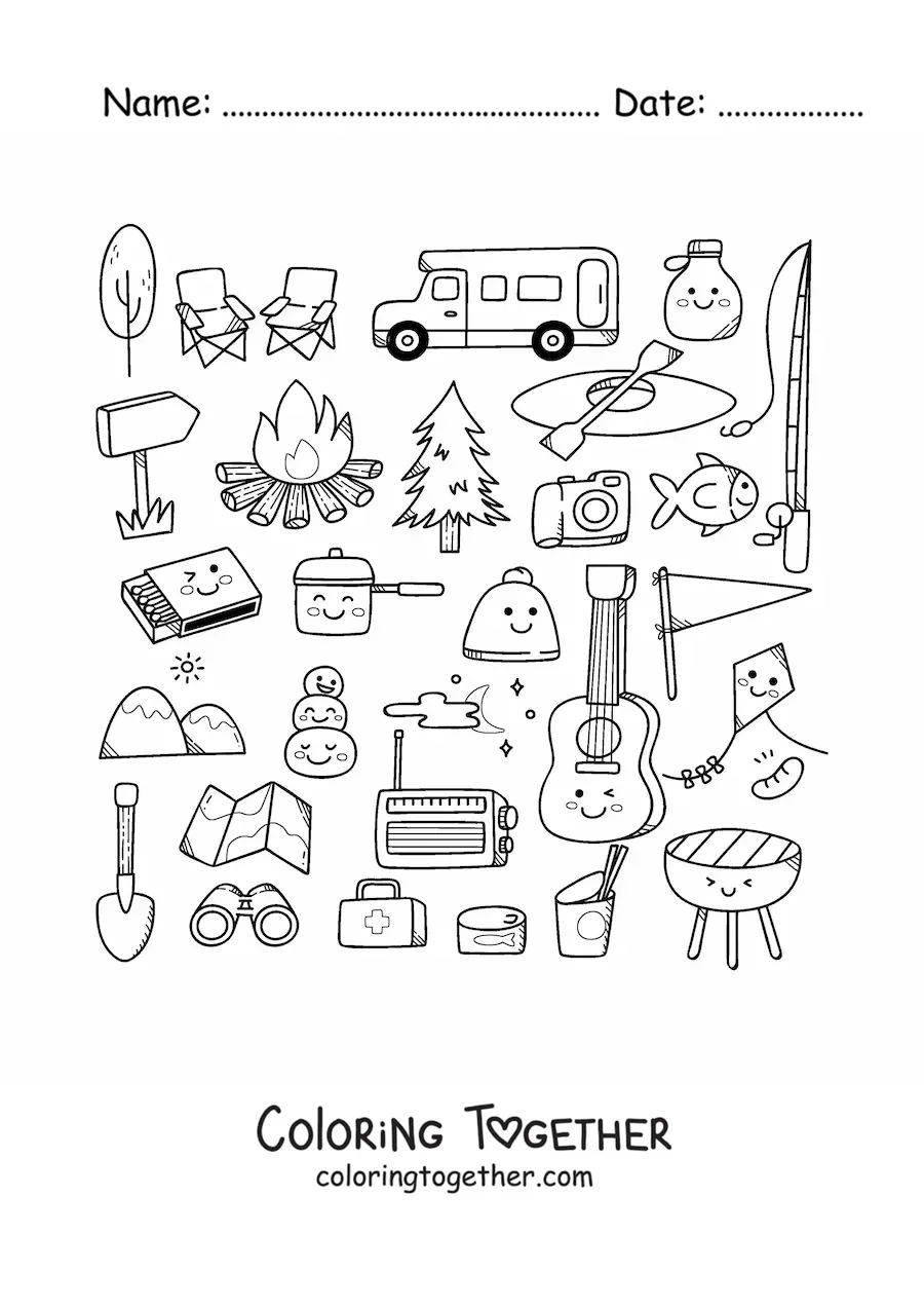 Coloring page of kawaii camping things
