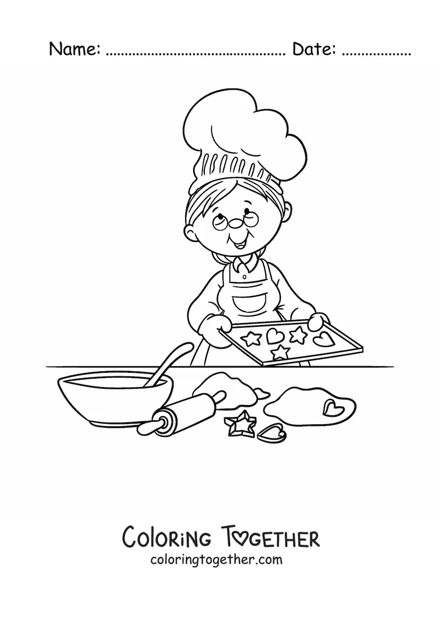 Coloring page of a grandmother making cookies with the ingredients on the table