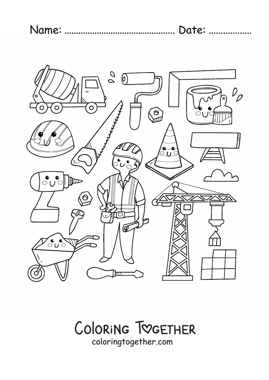Coloring page of a kawaii worker and construction items