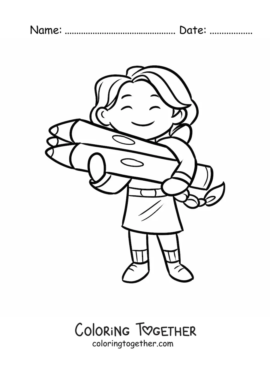 Coloring page of a kawaii girl with colored pencils