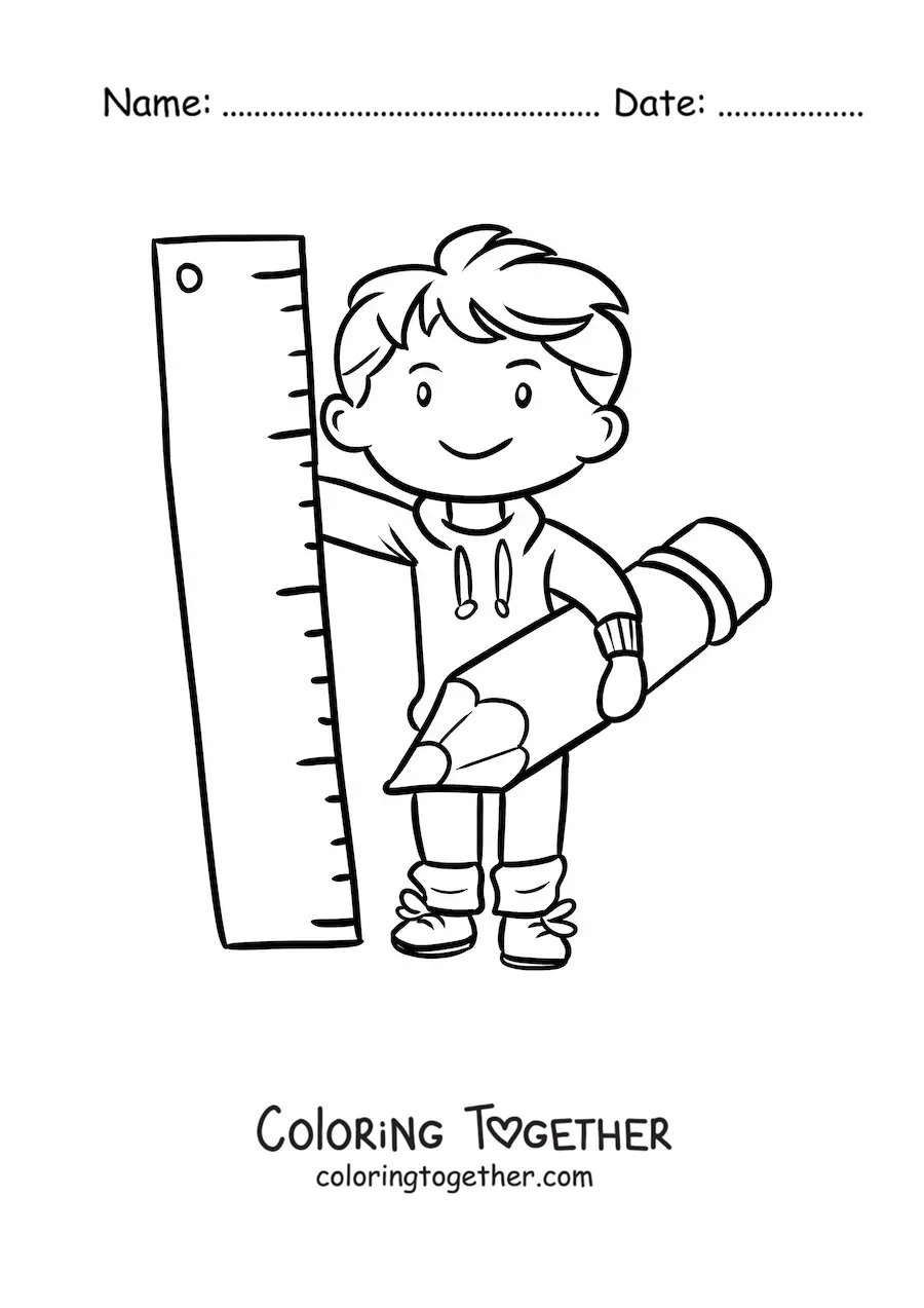 Coloring page of a kawaii boy with a pencil and a ruler