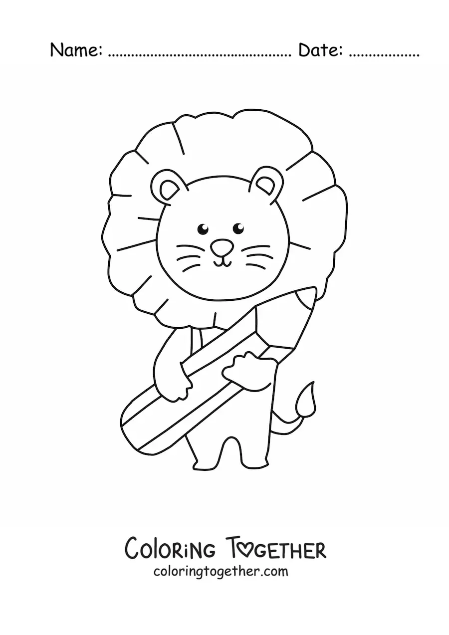 Coloring page of a kawaii lion with a pencil
